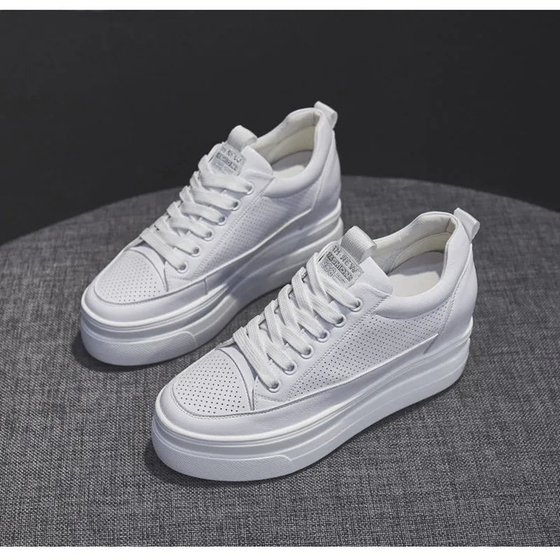 Women's White Platform Sneakers with 8CM Heels for Autumn