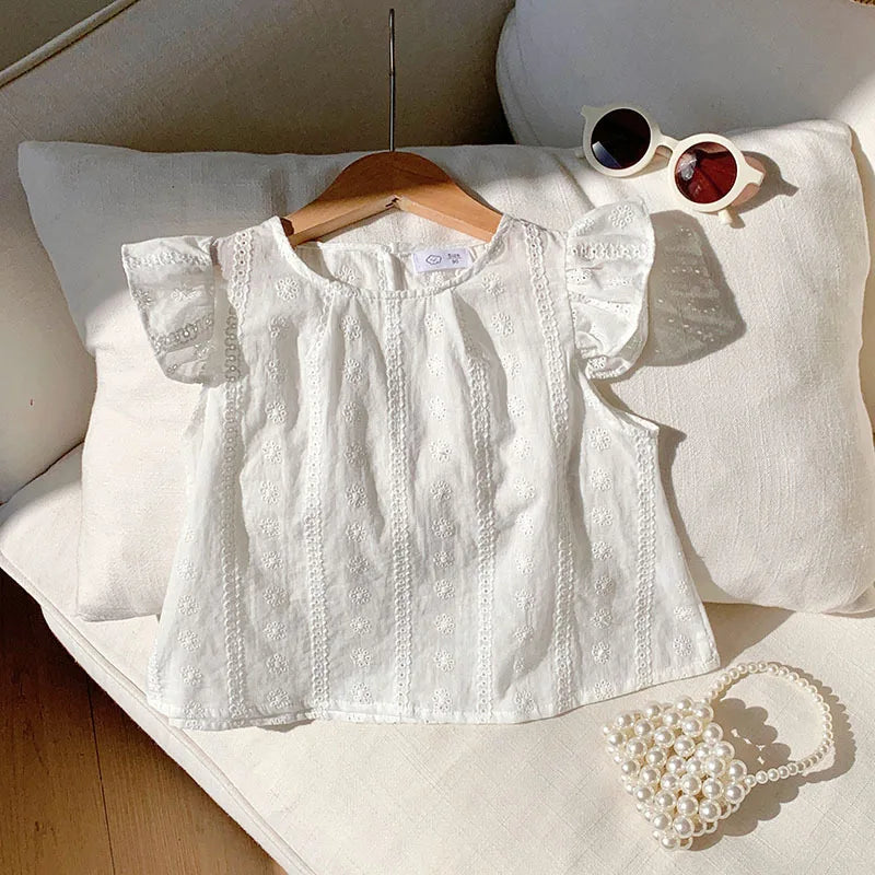 Girls Summer Sleeveless Ruffled Top with Lace Trim