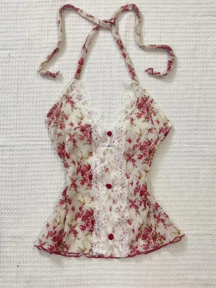 Floral Lace Halter Blouse for Women by ZHUOLIN
