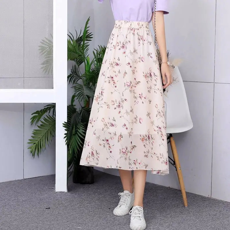 Floral High Waist Chiffon Midi Skirt for Women Summer 2025