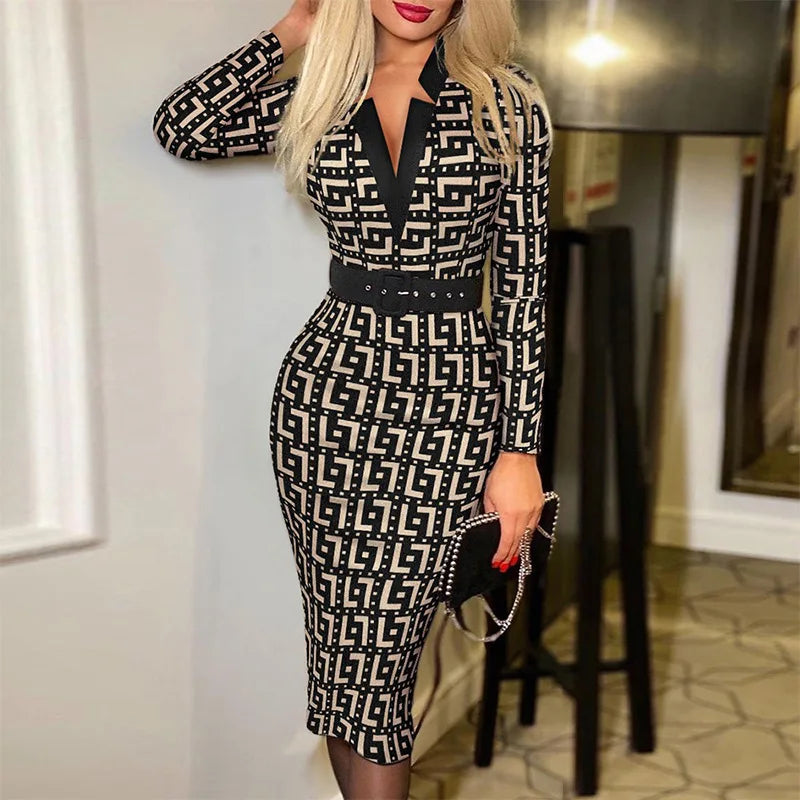 V-neck Geometric Print Slim-fit Dress for Women