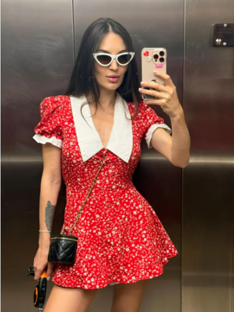 Red Floral Print A-Line Mini Dress with Puff Sleeves