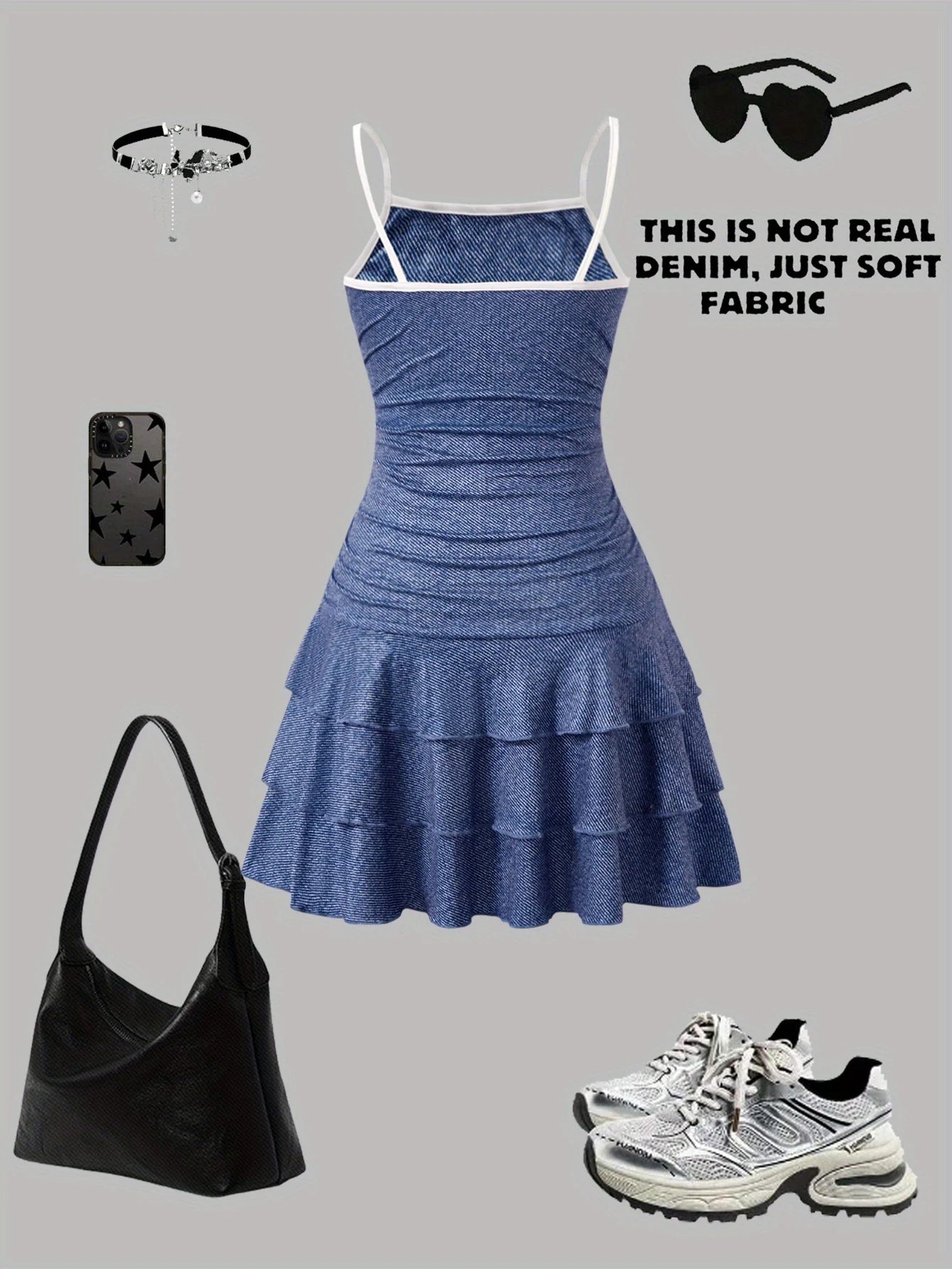 Faux Denim Print Suspender Dress for Girls Aged 7-13
