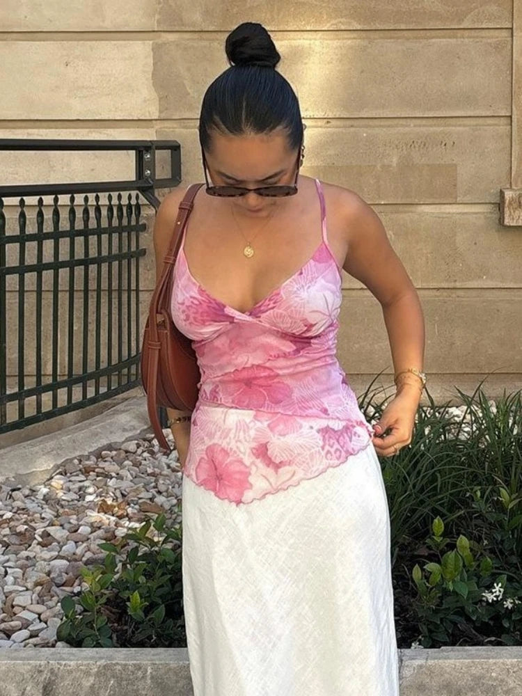 Floral Print Sexy Tops For Women Fashion Edgy Clothes Y2k Accessories Spaghetti Strap Crop Top Chiffon Camison Verano Ropa Mujer