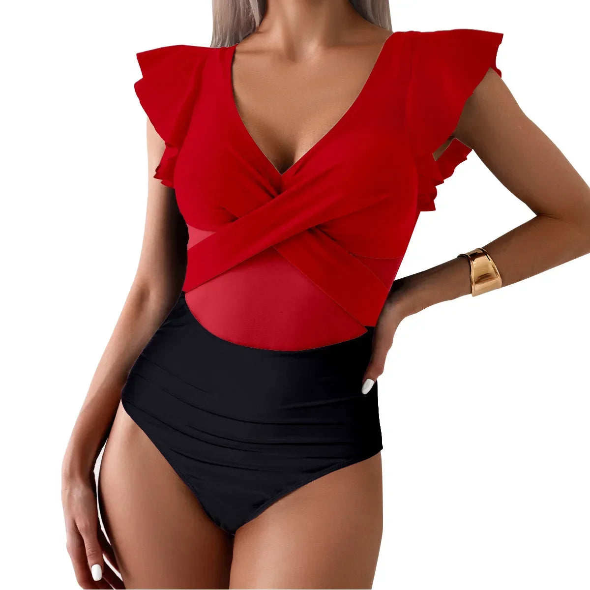 V Neck Tummy Control Women's Bikini Swimsuit with Ruffles