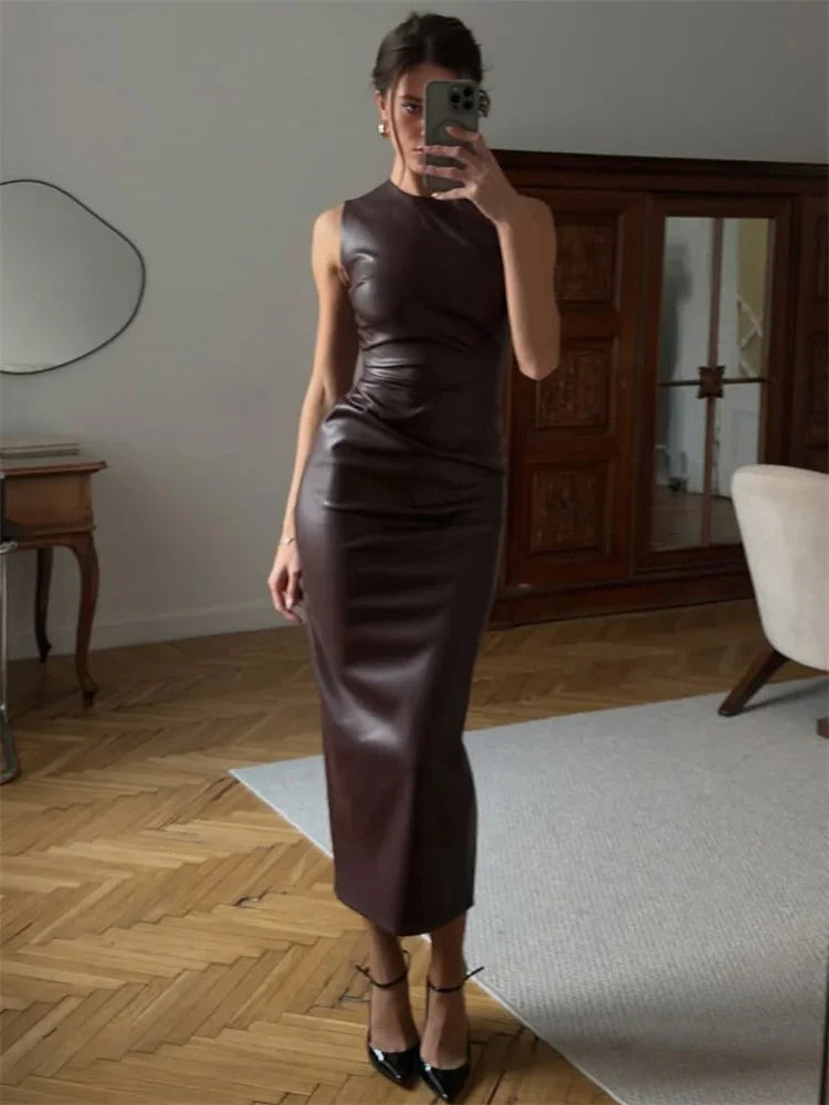 Tossy PU Leather Maxi Dress for Women High Waist Sleeveless