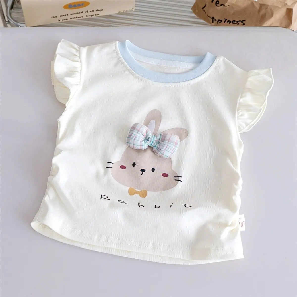 Cute Cartoon Summer Short-Sleeve Tops for Girls in Blue and Pink
