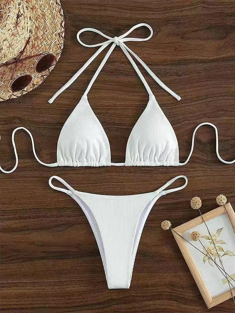 Stylish Women's Solid Color Bikini with Exposed Back Design