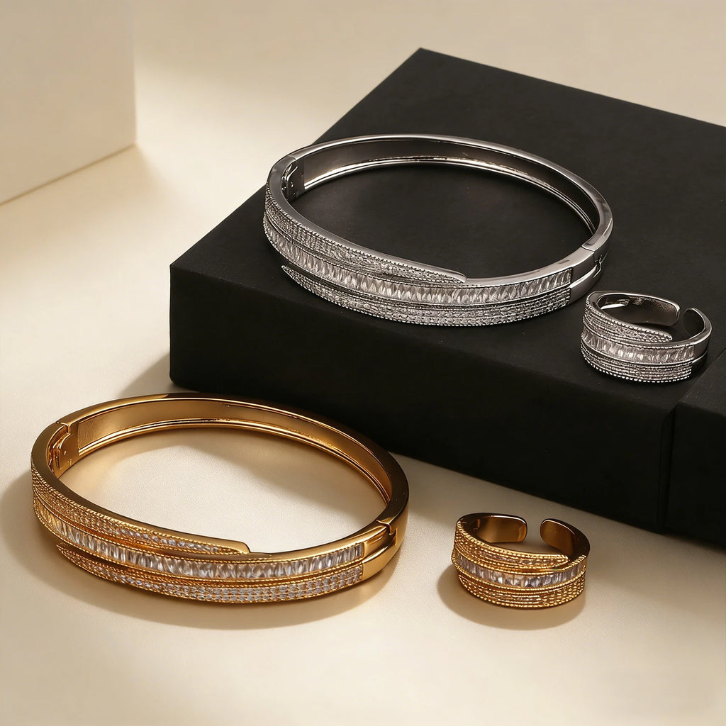 18K Gold Plated Bangle Ring Set for Women with CZ Stones