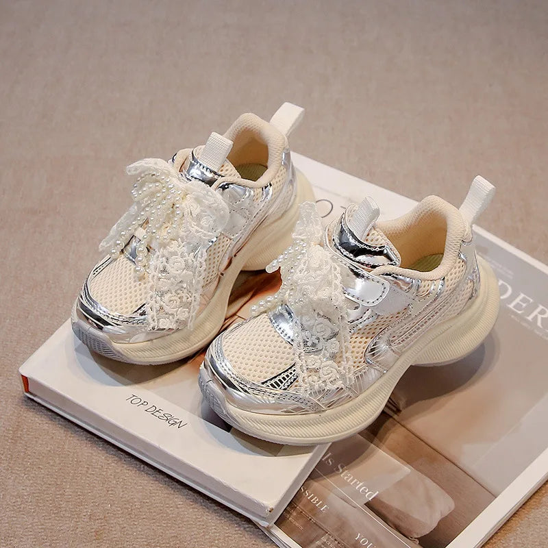 Girls’ Lace and Pearl Embellished Chunky Sneakers for Kids
