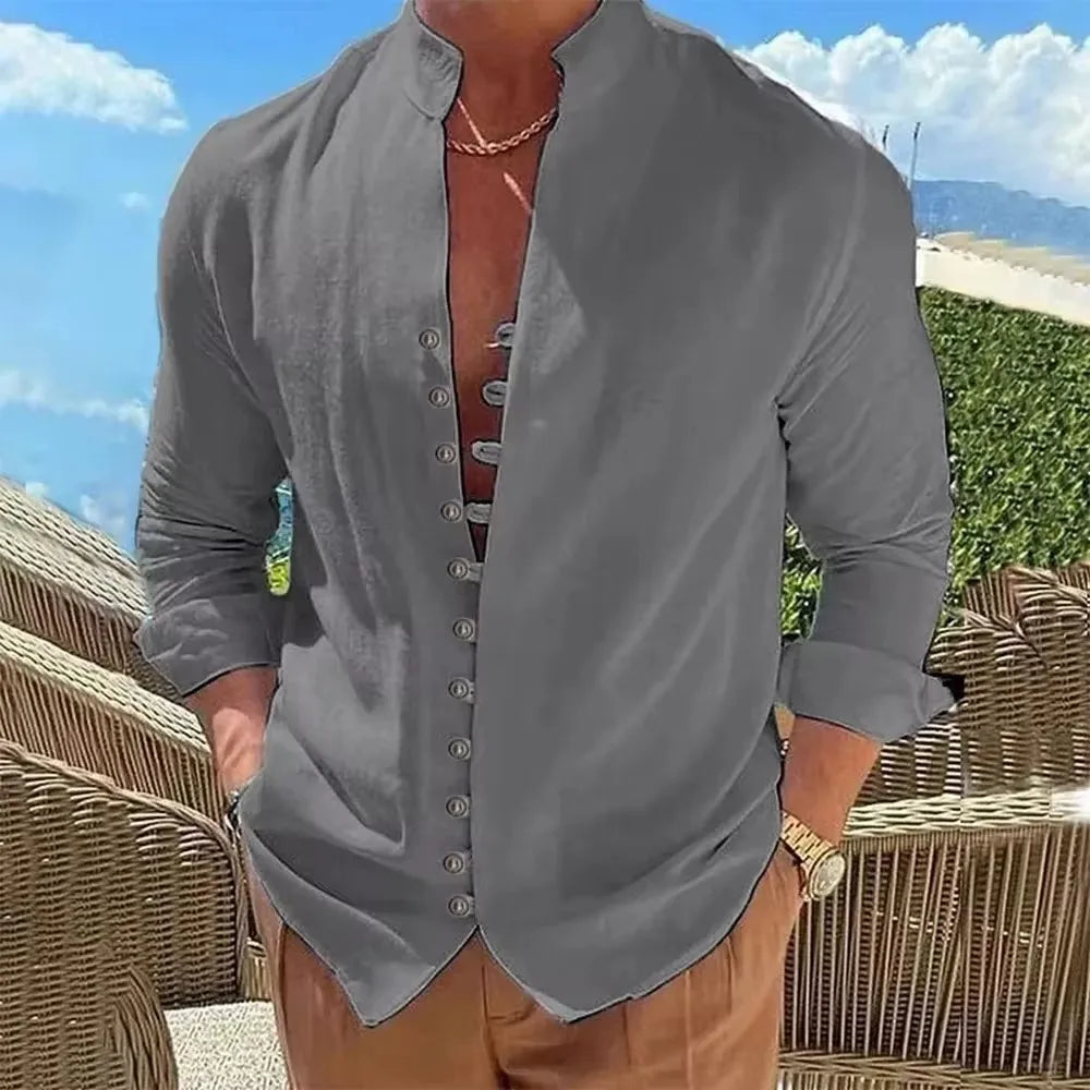 Casual Cotton Linen Shirt for Men in Solid Color
