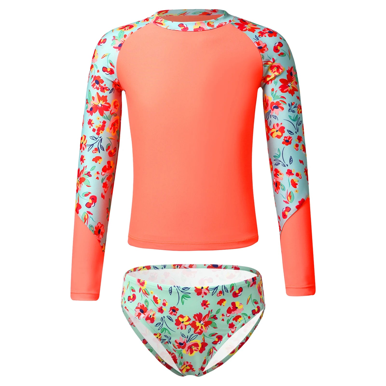 Kids Girls Long Sleeve Print Swimwear with Briefs for Beach