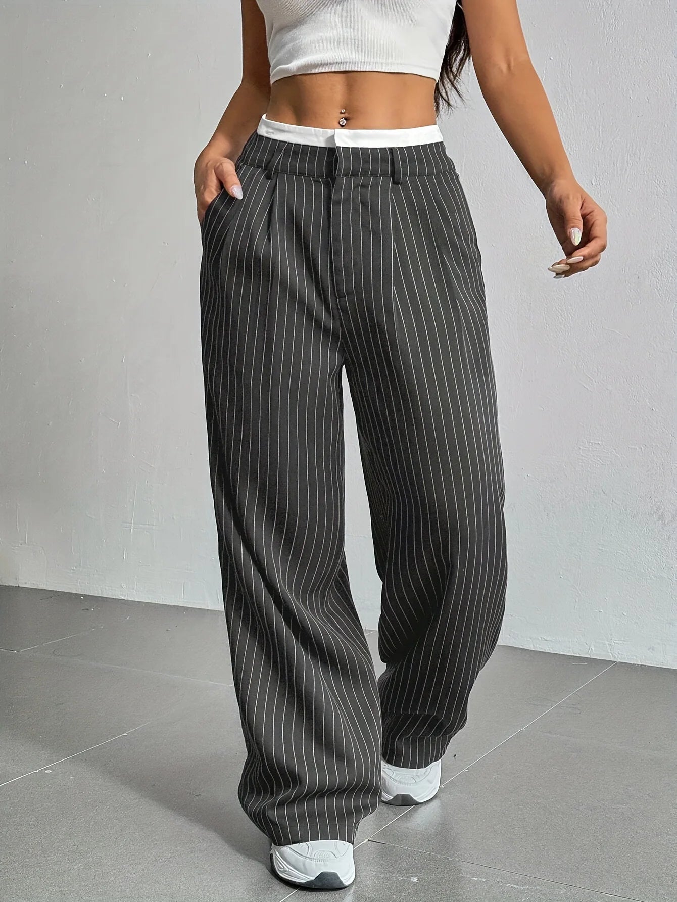 High Waist Striped Wide Leg Pants for Women by mandylandy