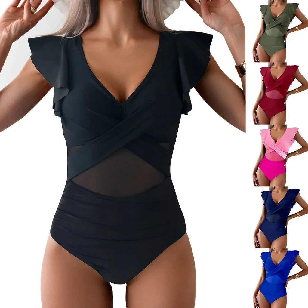 V Neck Tummy Control Women's Bikini Swimsuit with Ruffles