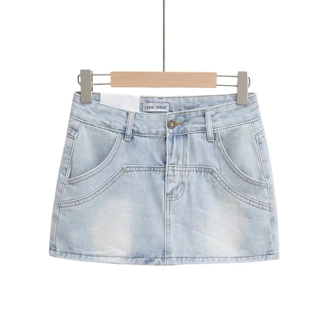 Women High Waist Denim Mini Skirt with Pockets