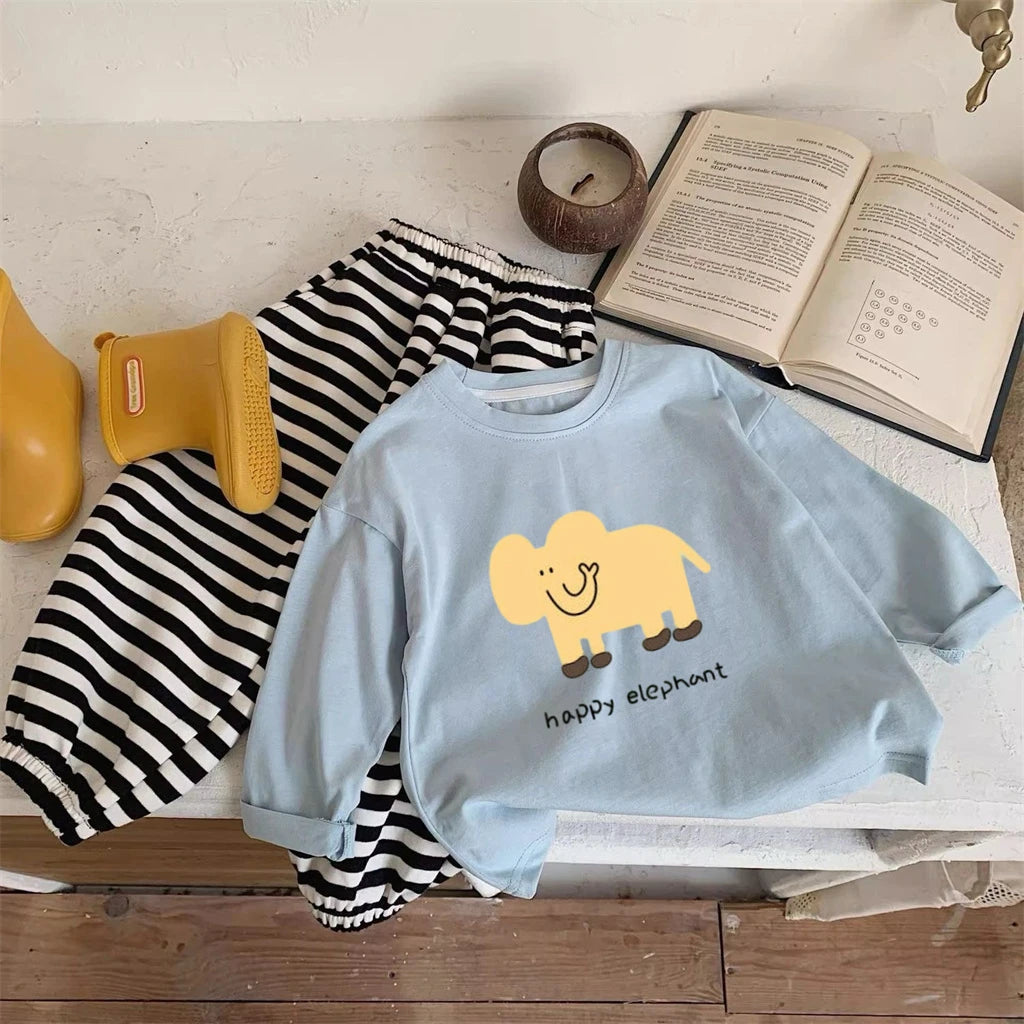 Cartoon Print Cotton Tees for Kids Casual Autumn Wear