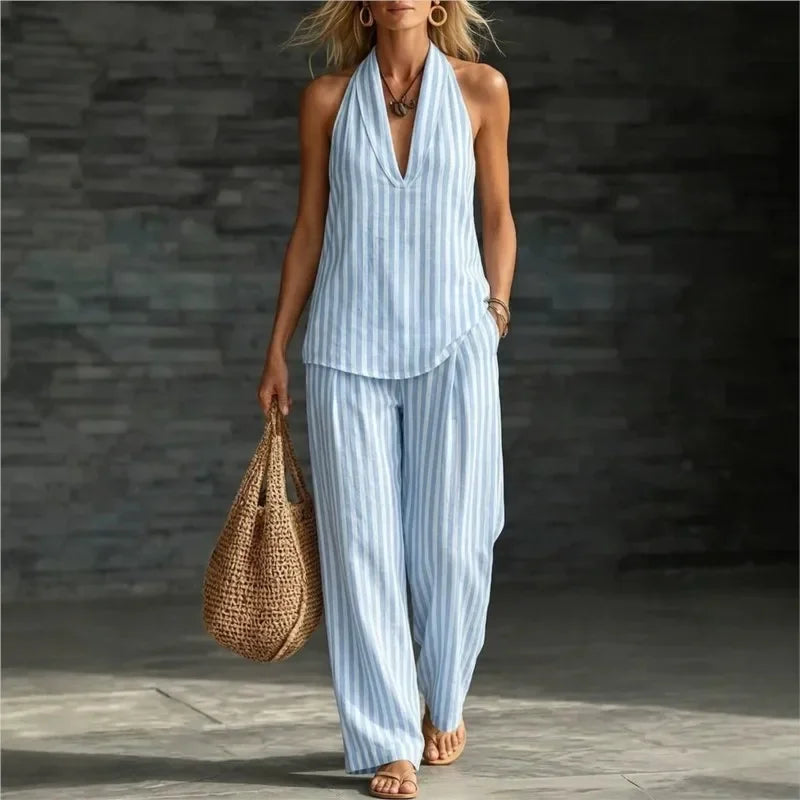 Chic Striped Wide-Leg Pants and Halter Top Set for Women