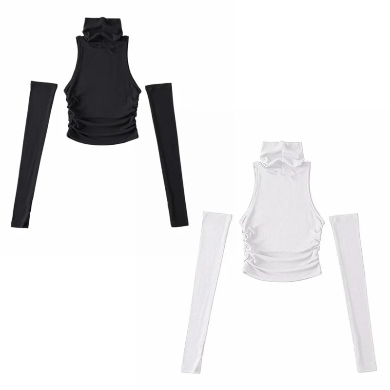Y2k Women's Knitted Tank Top with Turtleneck and Pleats