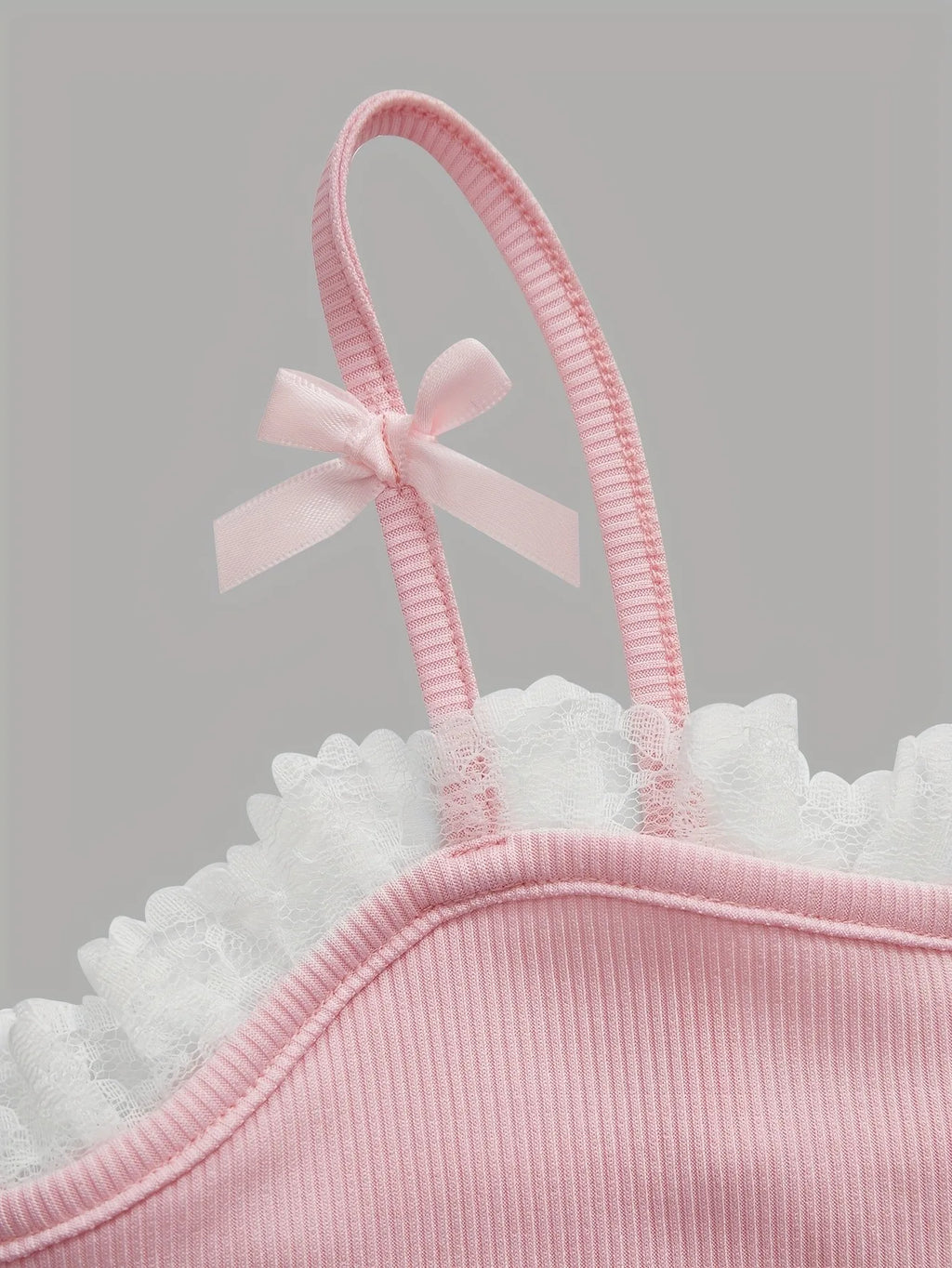 Girls Ribbed Cami Crop Tops with Lace Trim and Bow Detail