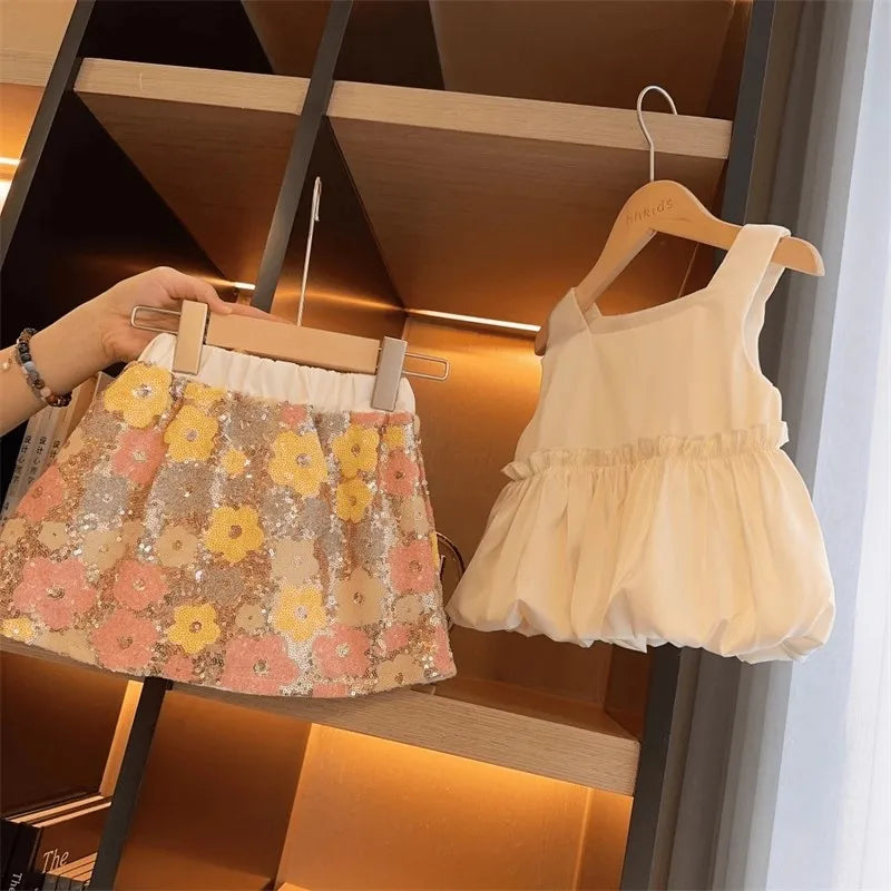 Girls' Summer Suspender Set Cotton Casual Vest and Skirt