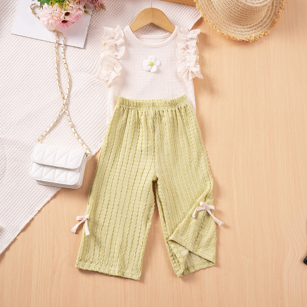 Girls' Summer Floral Set with Bow Pants for Ages 3-8