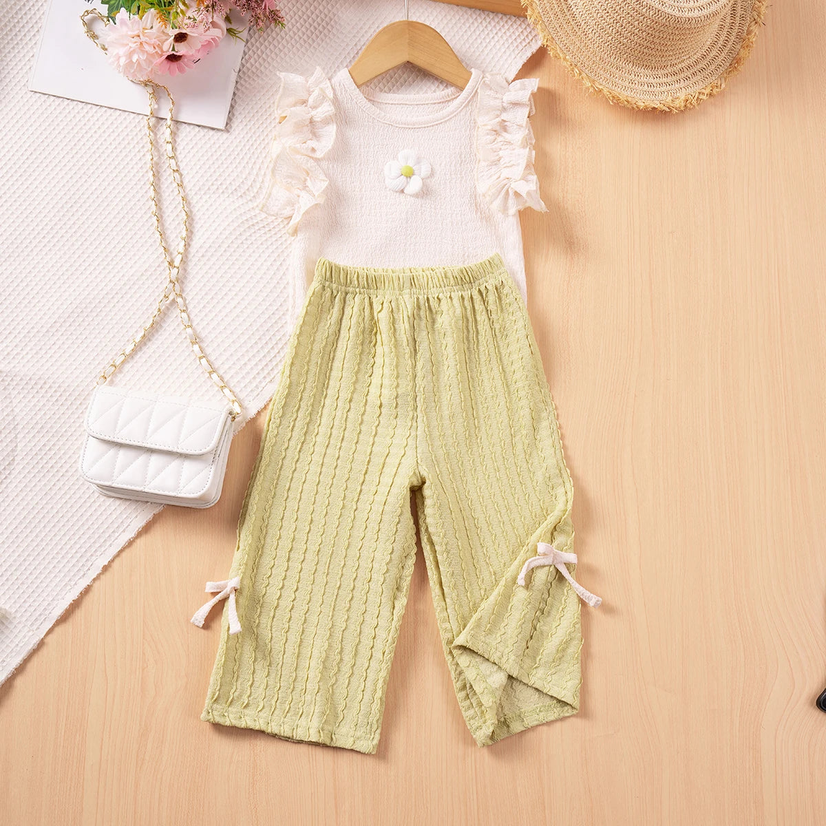 Girls' Summer Floral Set with Bow Pants for Ages 3-8