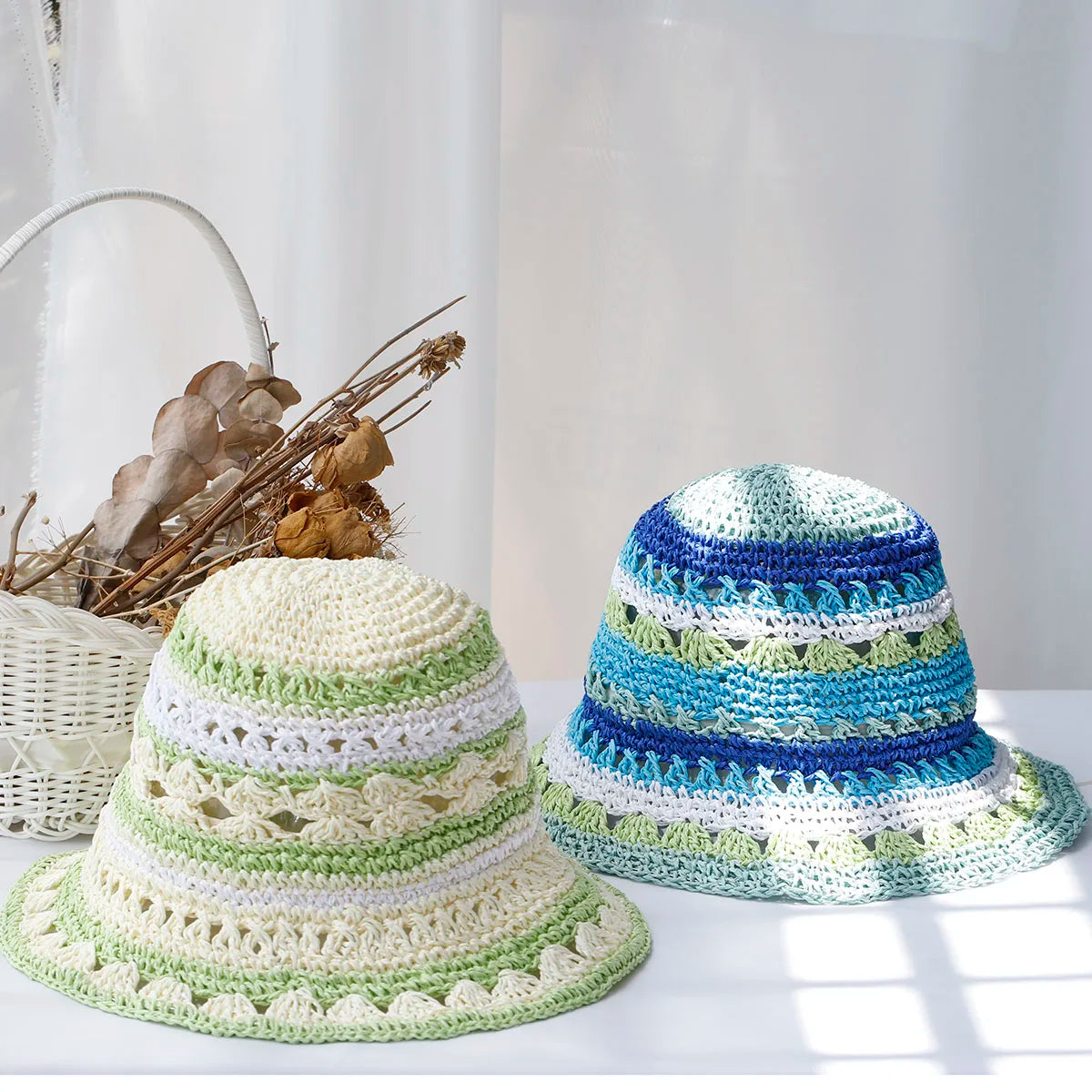 Multicolor Straw Bucket Hat for Women - Casual Summer Style