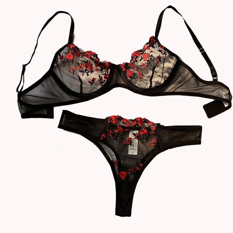 Transparent Embroidered Floral Bra and Panties Set for Women