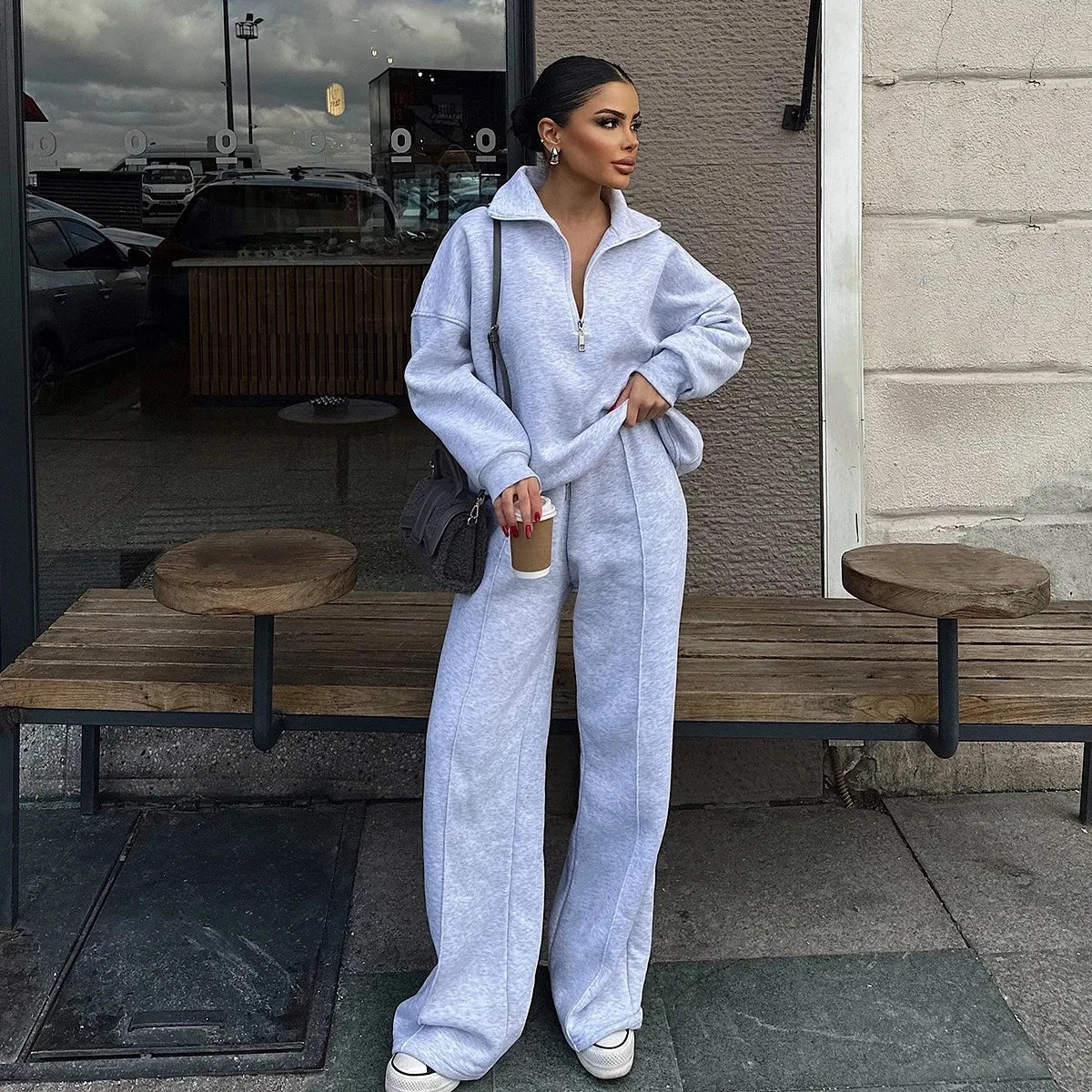 Solid Color Pullover Sweatshirt and Trousers Set for Women