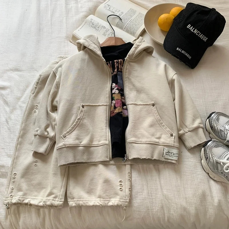Boys Spring and Autumn Two-piece Set Hooded Top and Pants