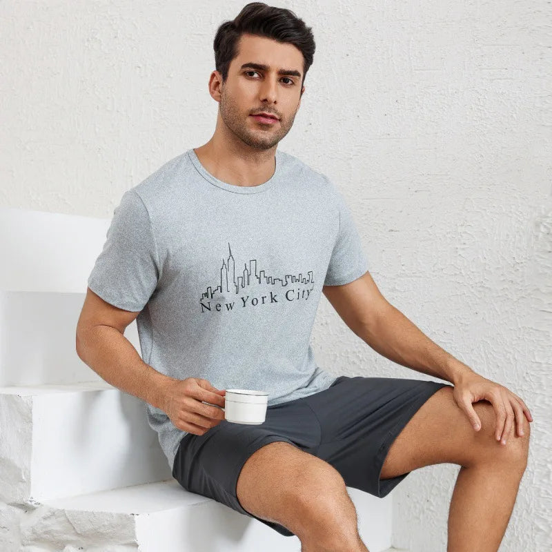 Men's Pajamas Loungewear Set New Loose Two-Piece Set Boys Fashion Solid Color Short Sleeve Shorts Pajama Pants Pijama Hombre