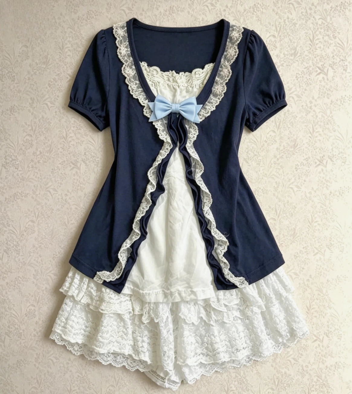 Y2K Vintage Two Piece Dress with Lace Cardigan for Juniors