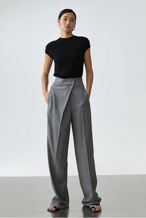 Gray High-Waisted Straight-Leg Wool Pants for Women