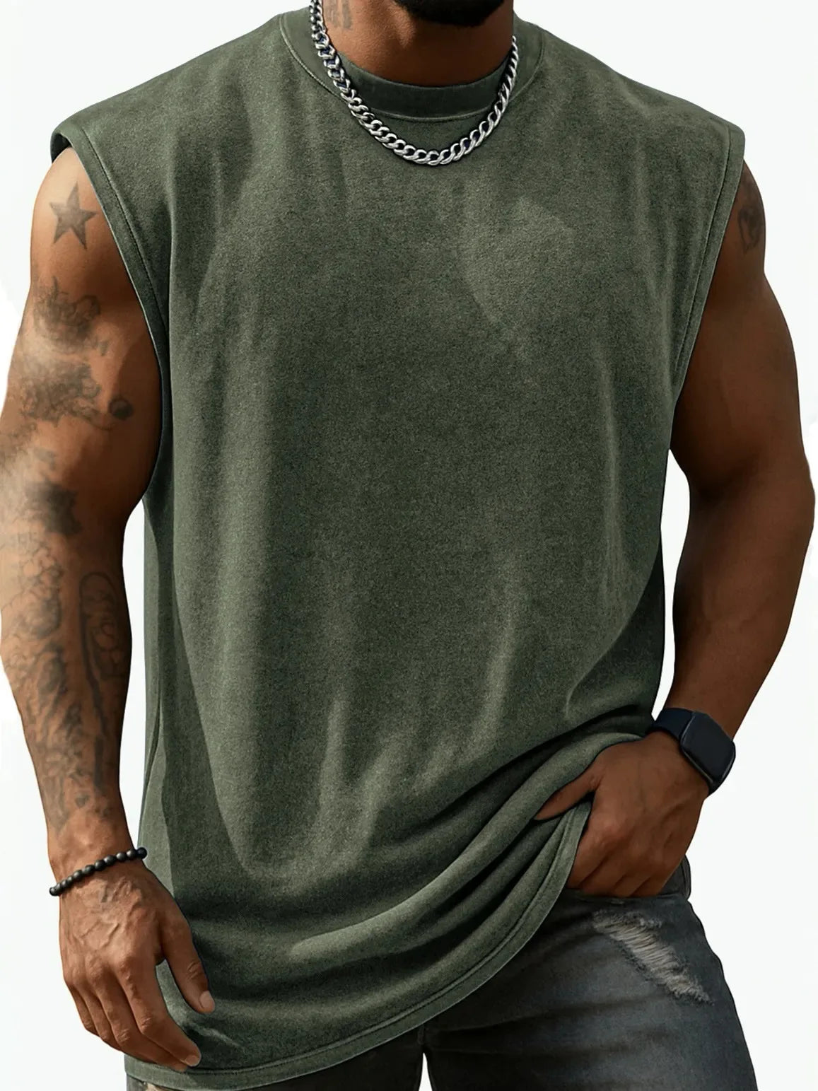 Men Vintage Washed Solid Crew Neck Sleeveless Tank Top Loose Fit Heavy Cotton Casual Fitness Summer Vest