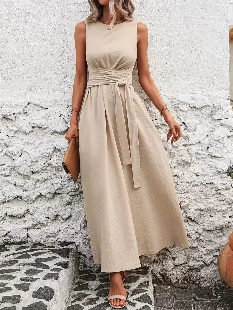Elegant A-Line Midi Dress for Women in Solid Color