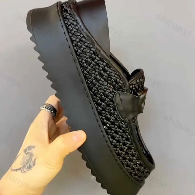 Men's Shoes 2026 New Thick Soled Height Increasing Trend Breathable Loafers Fashion Retro Weave Versatile Platform Casual Shoes