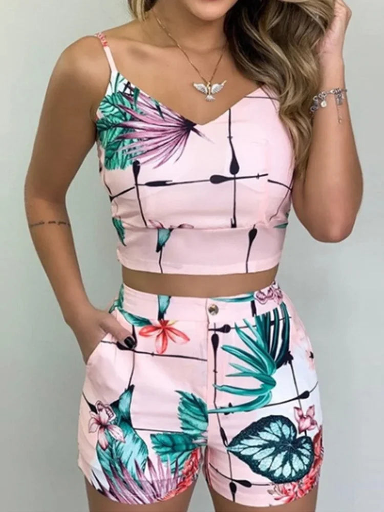 LEOSOXS Print Spaghetti Strap Crop Top and Shorts Set for Women
