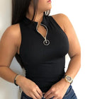 Women's Sexy Ribbed Tank Top - Slim Fit Stretchy High Elasticity, Stand-Up Collar & Wide Straps with Front Zipper, Semi-Sheer Bl