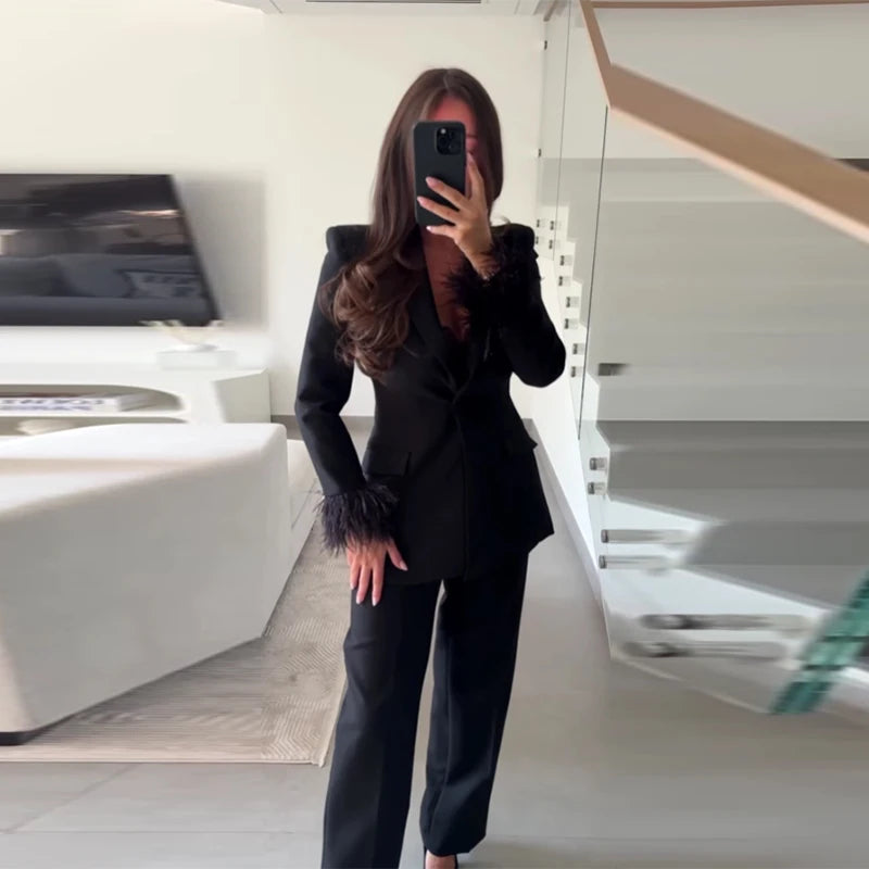 Chin.Sweety Women's Feather Blazer Pants Set for Office Wear
