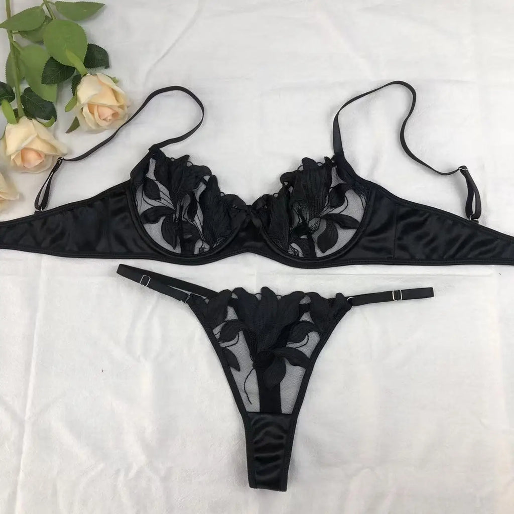Floral Embroidery Push Up Bra and Panty Set for Women