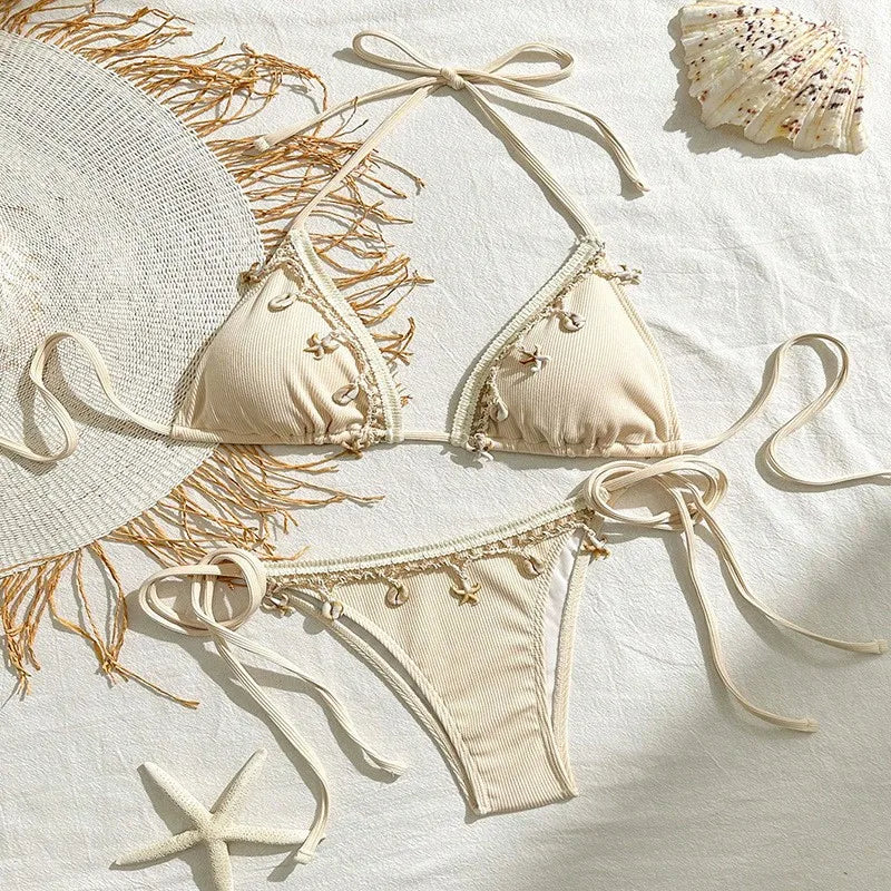 Beige Ribbed Two Piece Bikini Swimsuit for Women