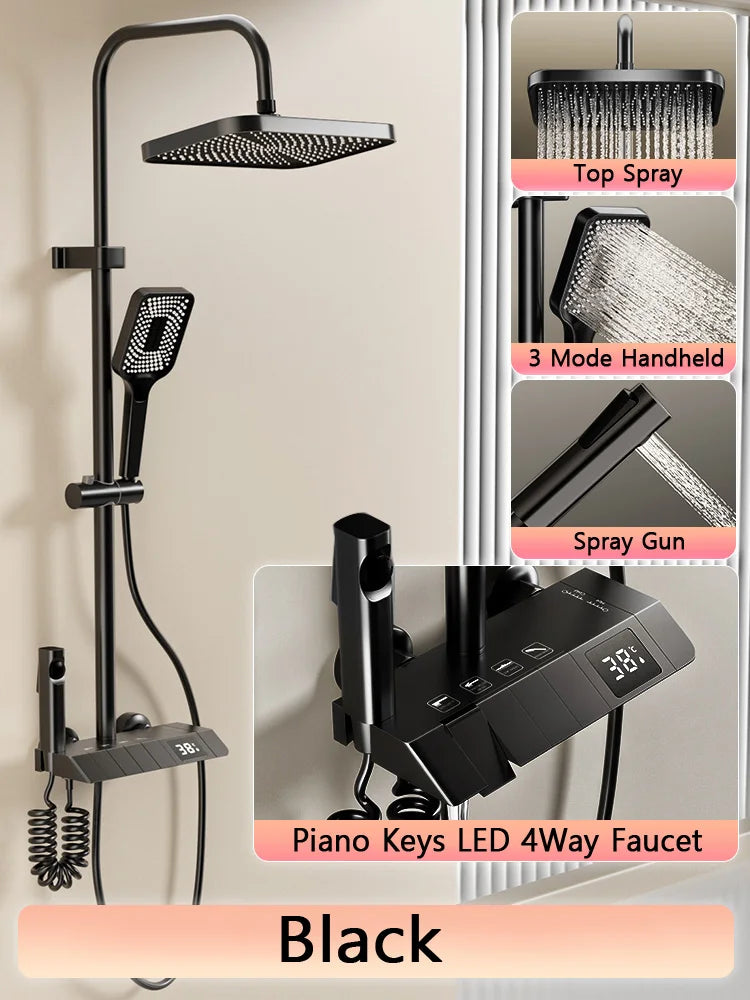 Black and White Gray Shower Set with Digital LED Display