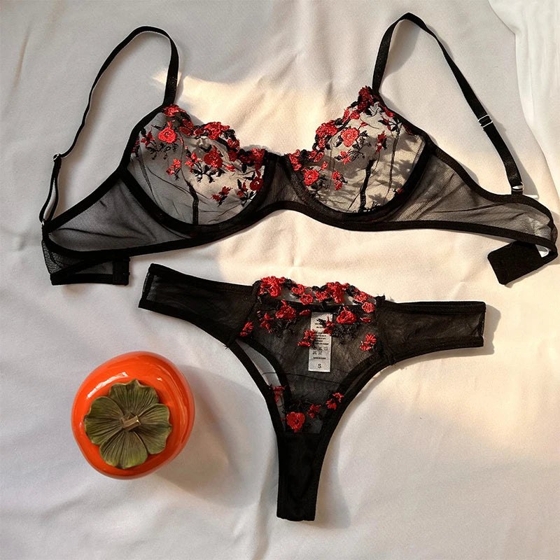 Transparent Embroidered Floral Bra and Panties Set for Women
