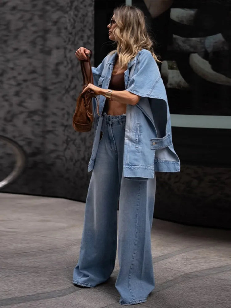 Chic Women's Irregular Denim Coats and Wide Leg Jeans Set