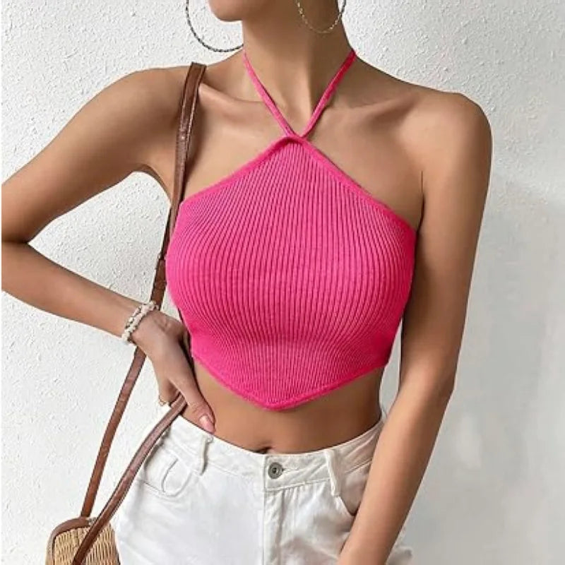 Women's Summer Knitted Backless Tank Top Sleeveless Striped Top Asymmetrical Solid Lump Halter Crop Top Women Sexy Fashion Tops