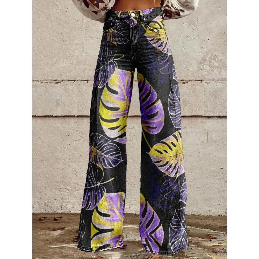 Colorful Tropical Leaf Print Wide Leg Pants for Women