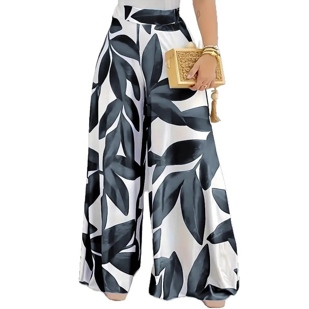 Elegant Boho Wide-Leg Trousers for Women in Blue Leaf Print