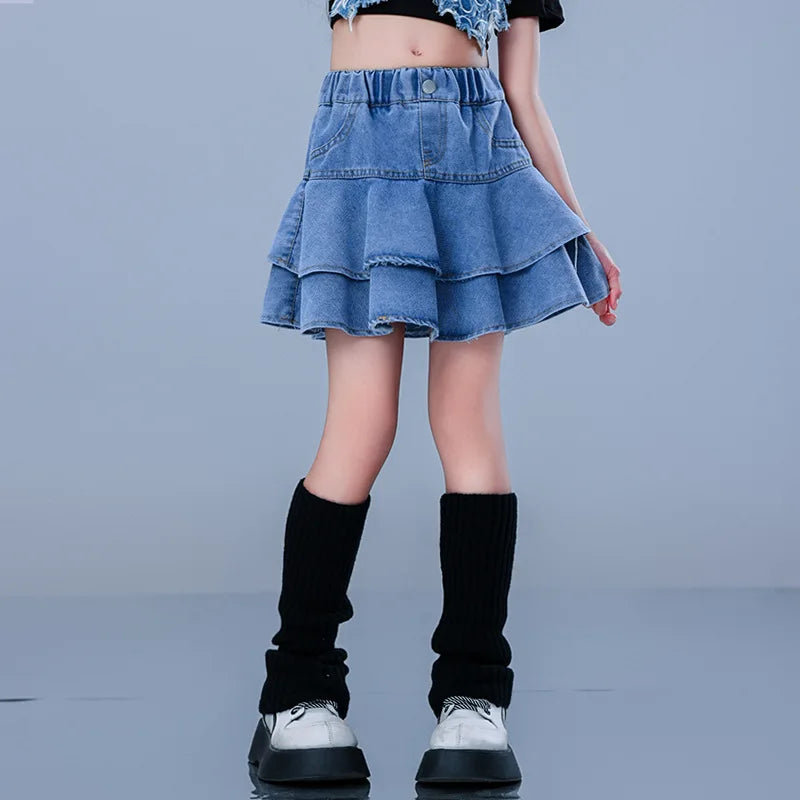 Girls Blue Cotton Denim Ruffle Skirt for Casual Summer Wear