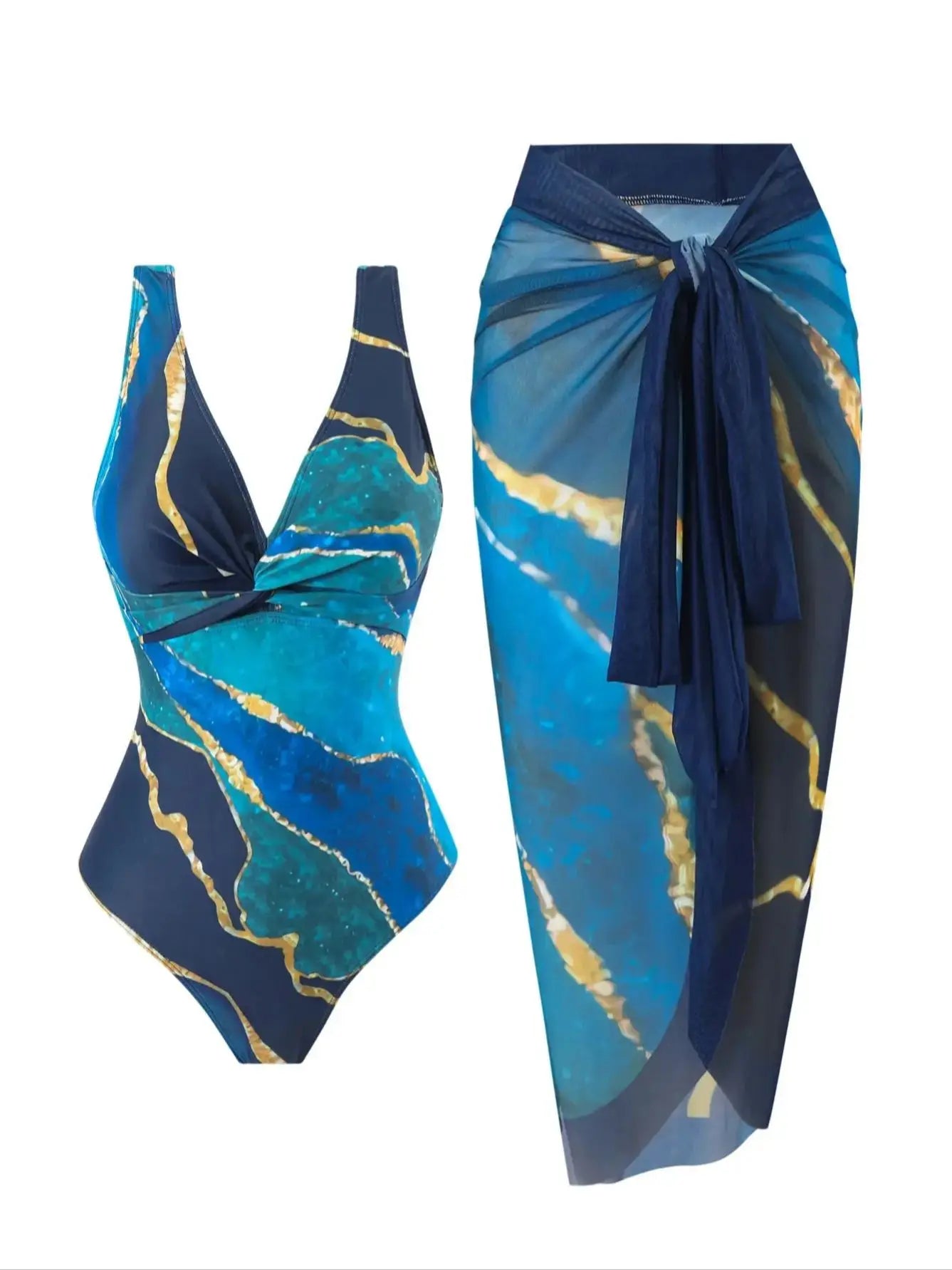 Blue Marble Print One-Piece Swimsuit for Women