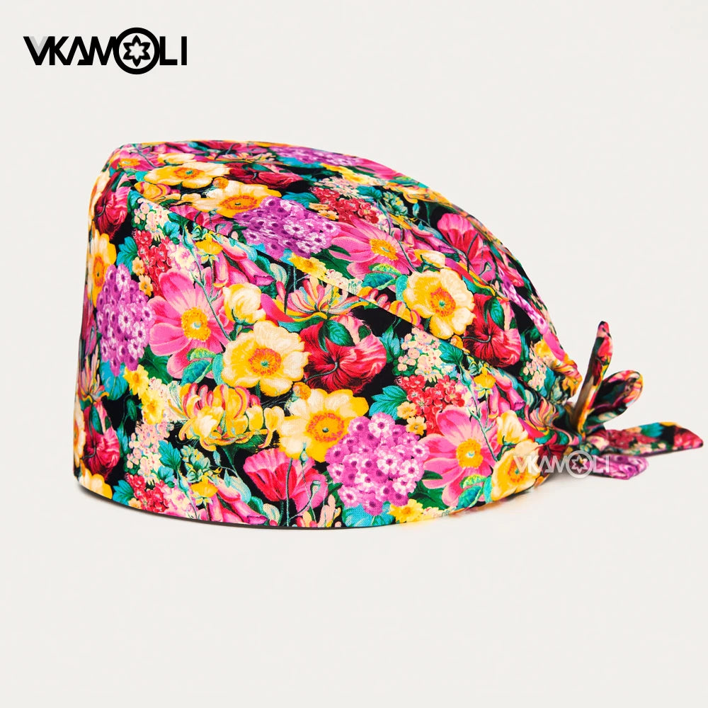 Adjustable Cotton Flower Print Scrub Caps for Women and Men